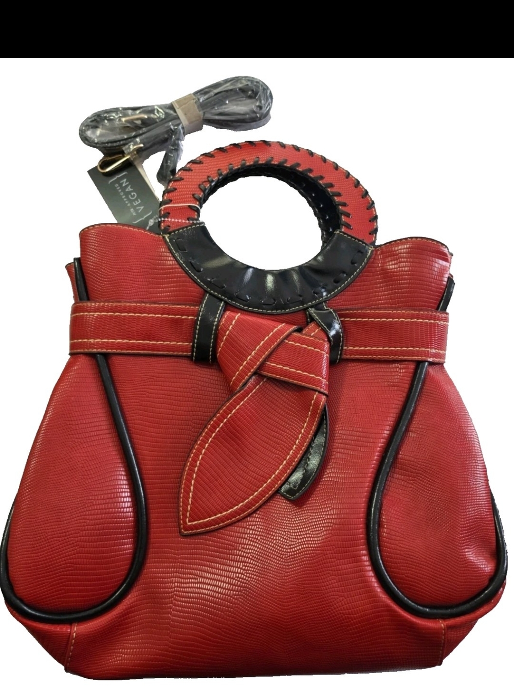 New Red Purce Vegan Leather Le Miel Women's Handbag with Round Handle